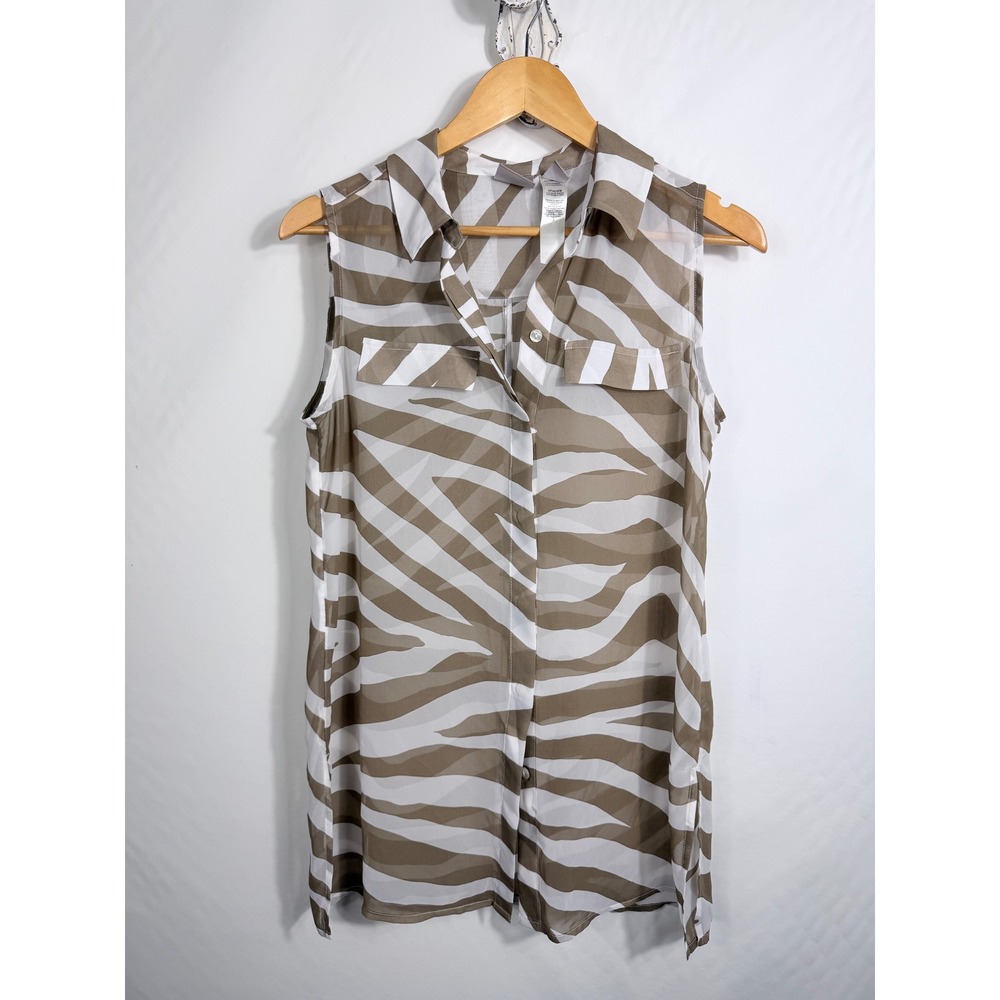 Chico's Blouse Women 0 Tan White Zebra Print Sleeveless Button Down Sheer Top